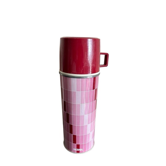 Vintage‎ Thermos Vacuum Pink Maroon Rectangle Design King-Seeley 10" - Picture 1 of 5
